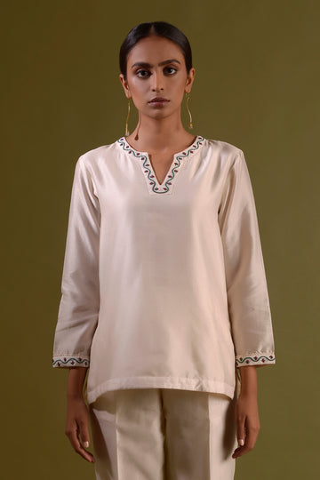 CHARVI Ivory Chanderi Silk Hand Embroidered Kurti