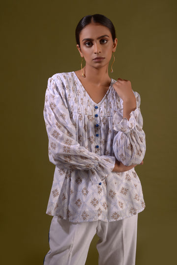 CHANDANI Cotton Mul White Block Printed Pintuck Top