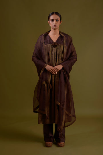 IDDHA Brown Gold Tissue Crepe Gathered Empire Waist Kurta Set With Mirror Work