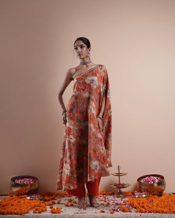 Orange Gulistaan One Shoulder Kaftaan Set With Mirror Work & Zardozi