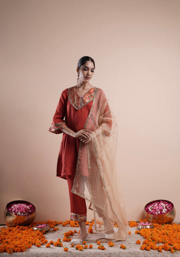 Rust Gul Bano Kurta Set with Pintuck Detailing