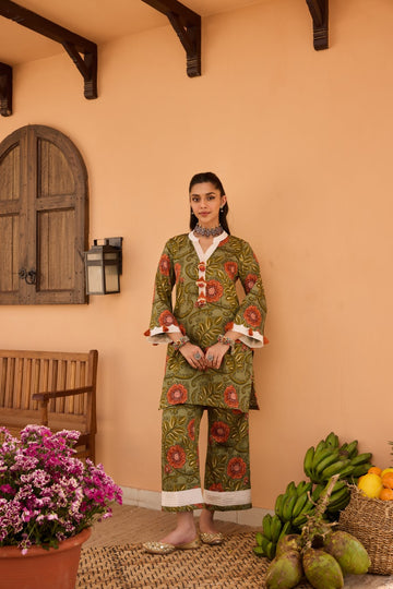 Gulshan Printed Cotton Satin Co-Ord Set With Tassel Detailing