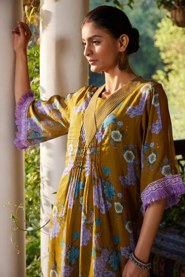 Mustard & Lilac Morni Box Pleated Kurta with Kantha work on Neckline , Palazzo & Slip - Set of 3