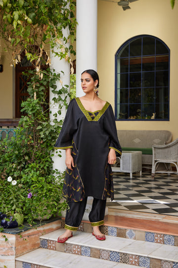 Black Mayur Bagh Kaftaan with Kantha work , Gathered Salwar & Bustier - Set of 3