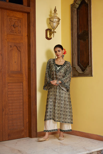 Green Mayur Pankh Mirror embroidered Kaftaan with Palazzo & Bustier