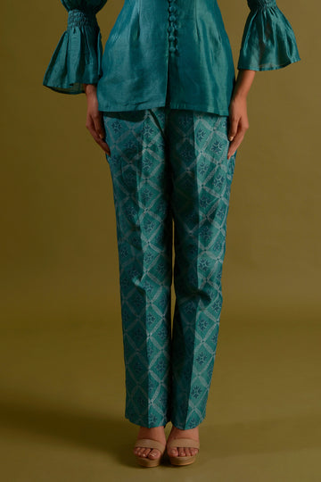 ROHINI PANTS Teal Green Chanderi Silk Hand Block Printed Flared Pants
