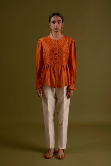 TARANGITA Burnt Orange Chanderi Silk Button Down Co ord Set