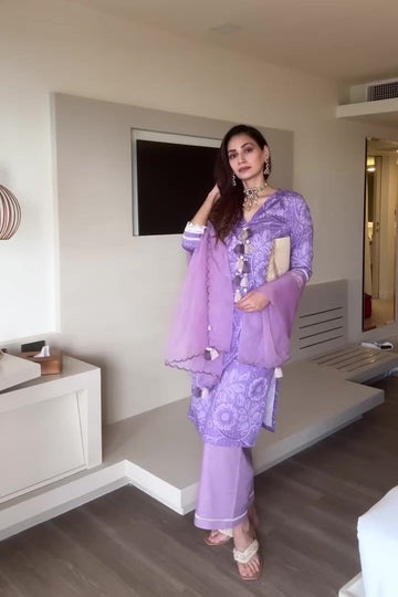 Madhu Bala Lilac Cotton Satin Kurta Set With Scallop Dupatta