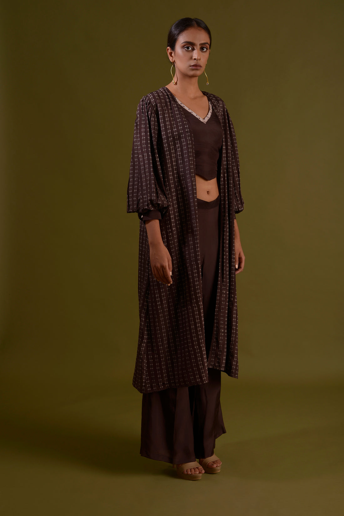 YAMI Brown Habotai Silk Co-ord With Printed Jacket