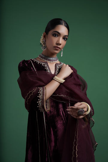 Mehboob Silk Velvet Kalidaar Kurta Set With Zardozi Work