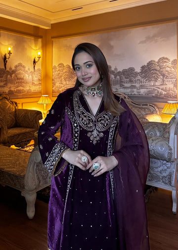Saanjh Velvet Mirror and Zardozi Embroidered Kurta with Salwar and Scallop Organza Dupatta