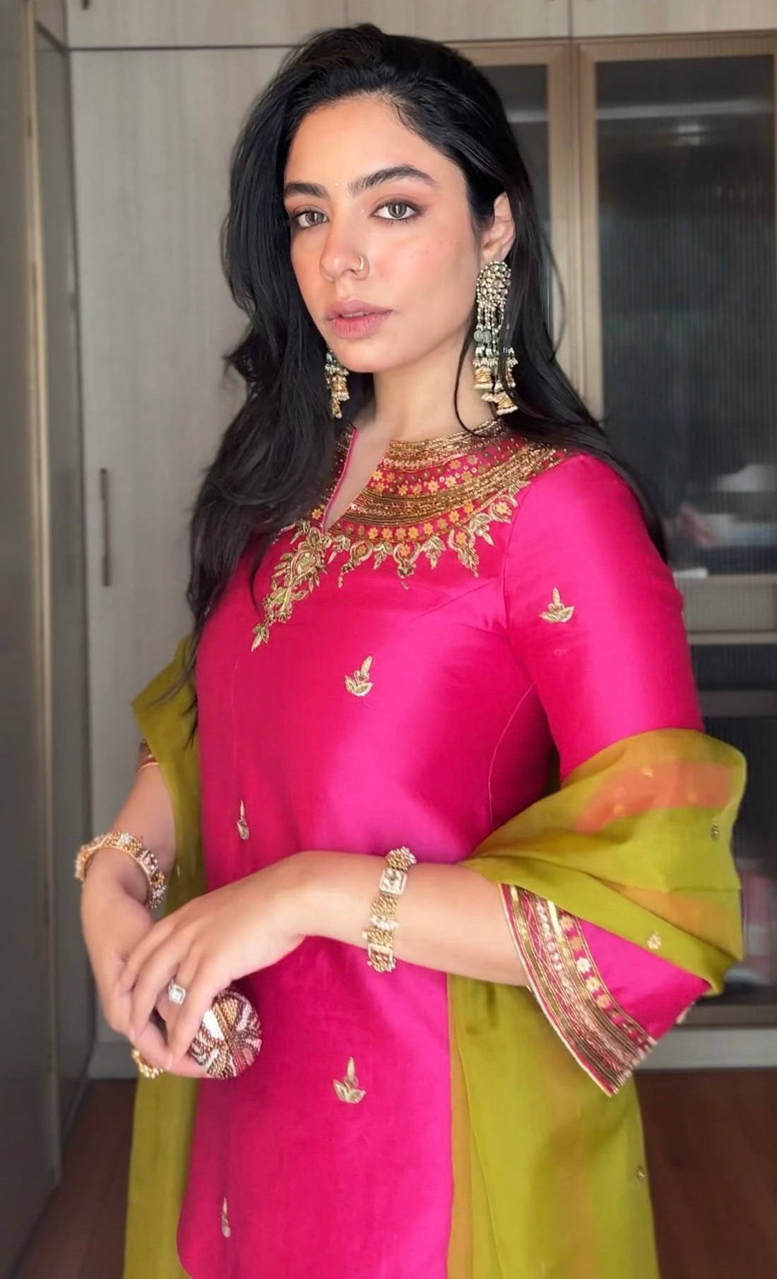 Gulabo Chanderi Silk Kurta and Booti Organza Gharara Set with Zardozi Embroidery and Embroidered Organza Dupatta