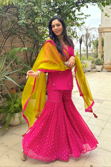 Gulabo Chanderi Silk Kurta and Booti Organza Gharara Set with Zardozi Embroidery and Embroidered Organza Dupatta