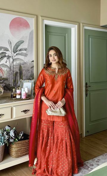Sandhya Chanderi Silk Kurta and Booti Organza Gharara Set with Zardozi Embroidery and Embroidered Organza Dupatta