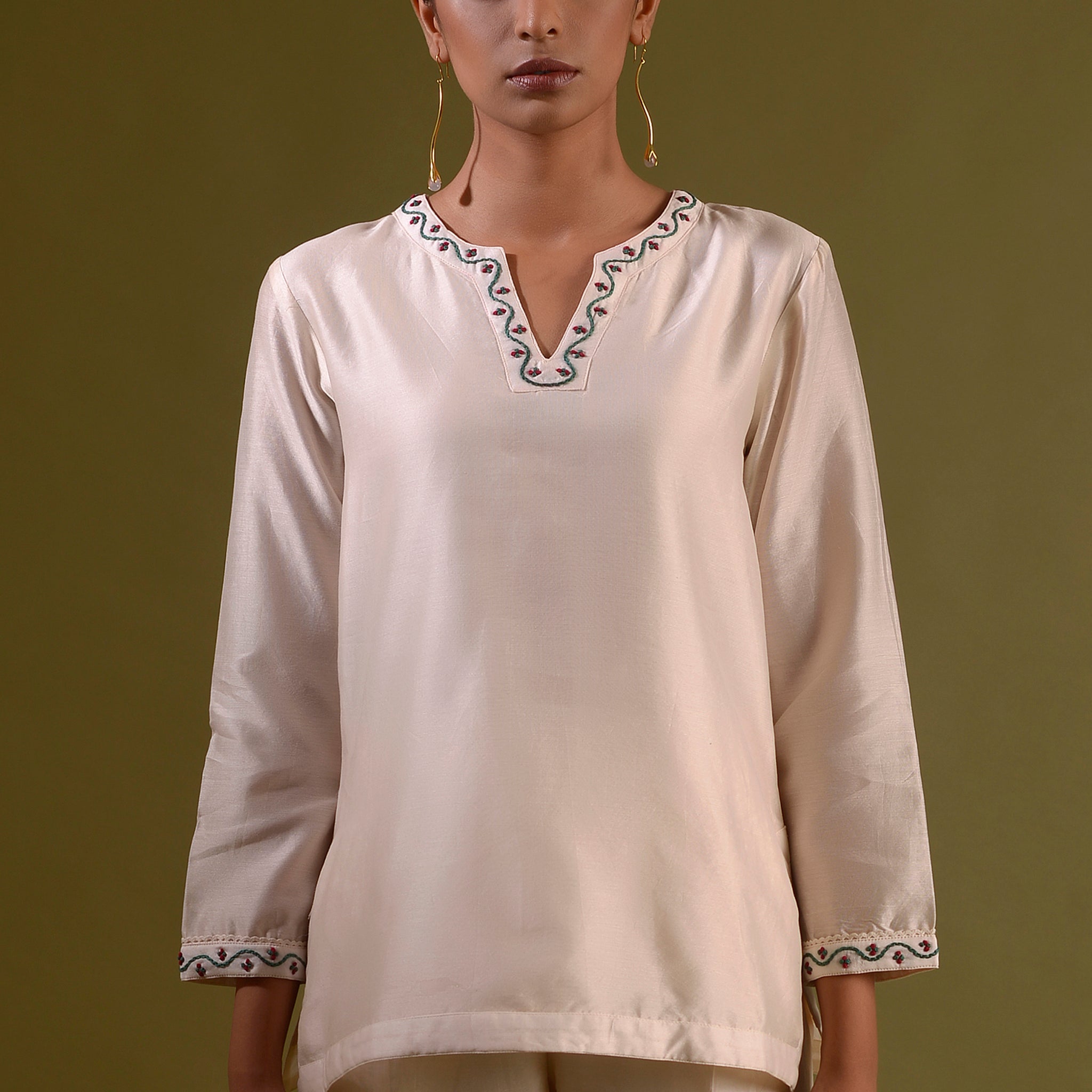 CHARVI Ivory Chanderi Silk Hand Embroidered Kurti