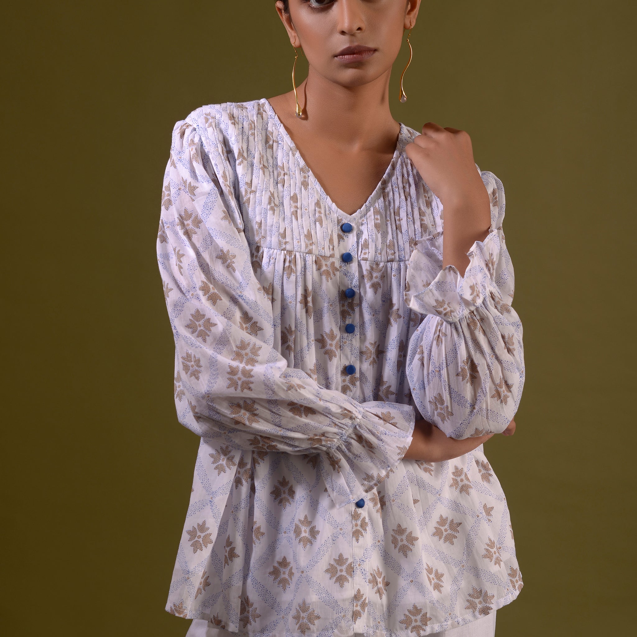 CHANDANI Cotton Mul White Block Printed Pintuck Top