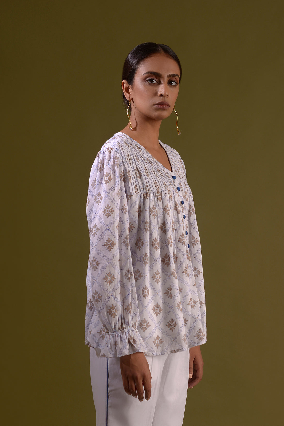 CHANDANI Cotton Mul White Block Printed Pintuck Top