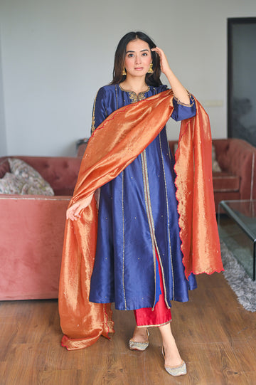 Neelima Chanderi Silk Kalidaar Kurta Set with Zardozi Embroidery, Embroidered Palazzo and Scallop Dupatta