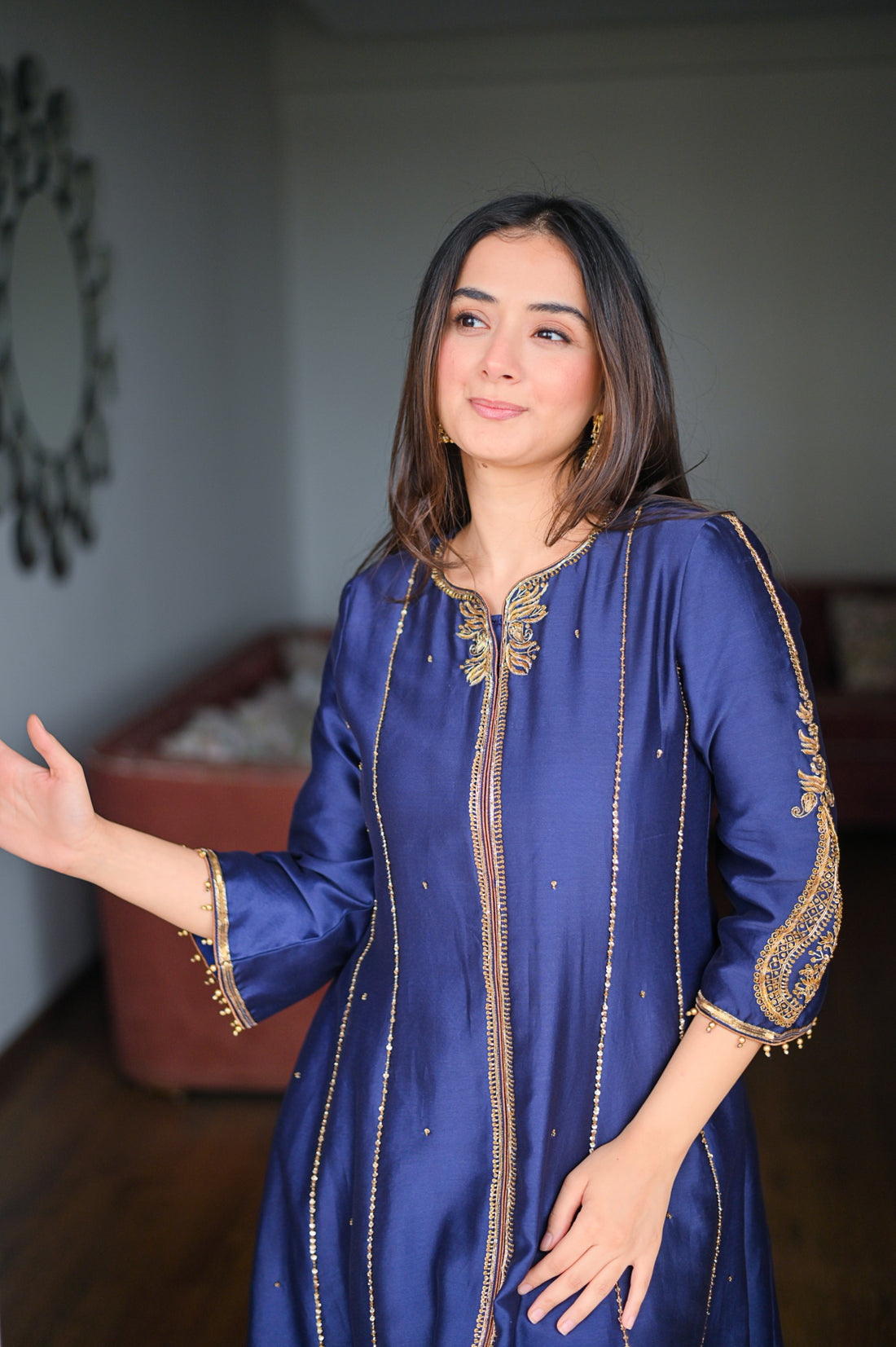Neelima Chanderi Silk Kalidaar Kurta Set with Zardozi Embroidery, Embroidered Palazzo and Scallop Dupatta