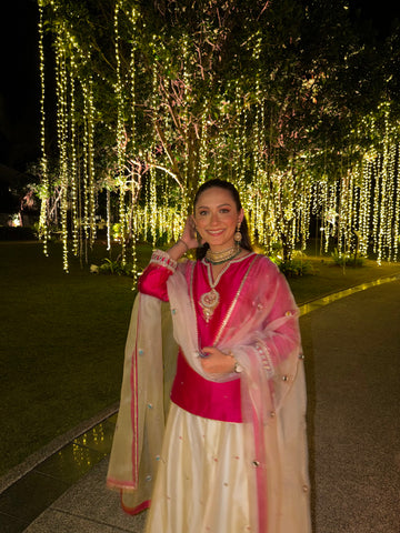 Naazneen Chanderi Silk Gulabi and Ivory Sharara Set with Zardozi Embroidery and Mirror Work Organza Dupatta