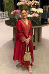 Crimson Chanderi Silk Panelled Kurta Set With Zardozi, Mirror Embroidery and Scallop Dupatta