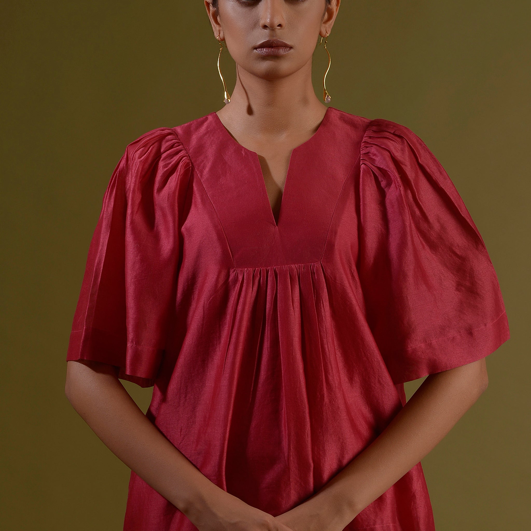 GUL Magenta Chanderi Silk Front Gathered Top With Butterfly Sleeves