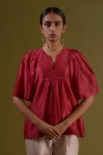 GUL Magenta Chanderi Silk Front Gathered Top With Butterfly Sleeves