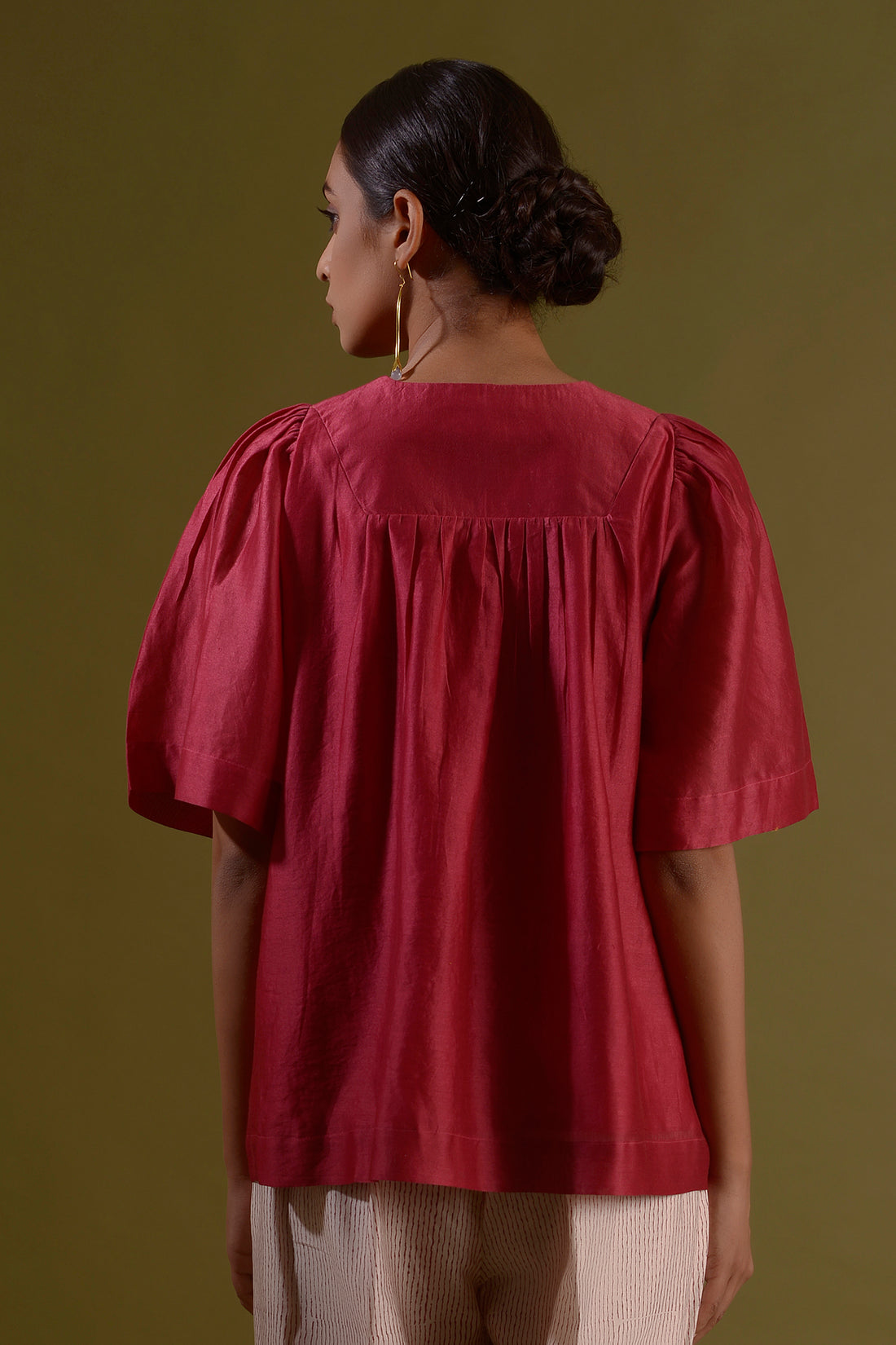 GUL Magenta Chanderi Silk Front Gathered Top With Butterfly Sleeves