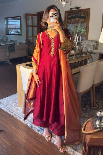 Meher Sindoori Chanderi Silk Kalidaar Kurta Set with Zardozi Embroidery and Tissue Dupatta