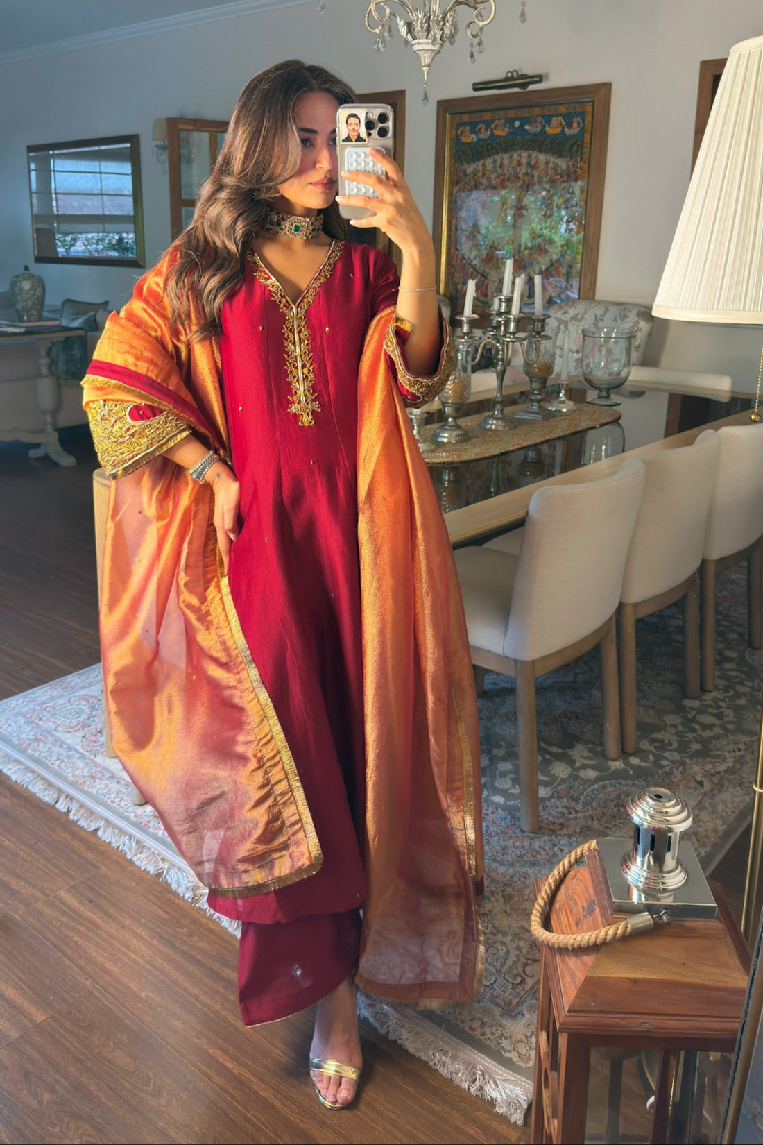 Meher Sindoori Chanderi Silk Kalidaar Kurta Set with Zardozi Embroidery and Tissue Dupatta