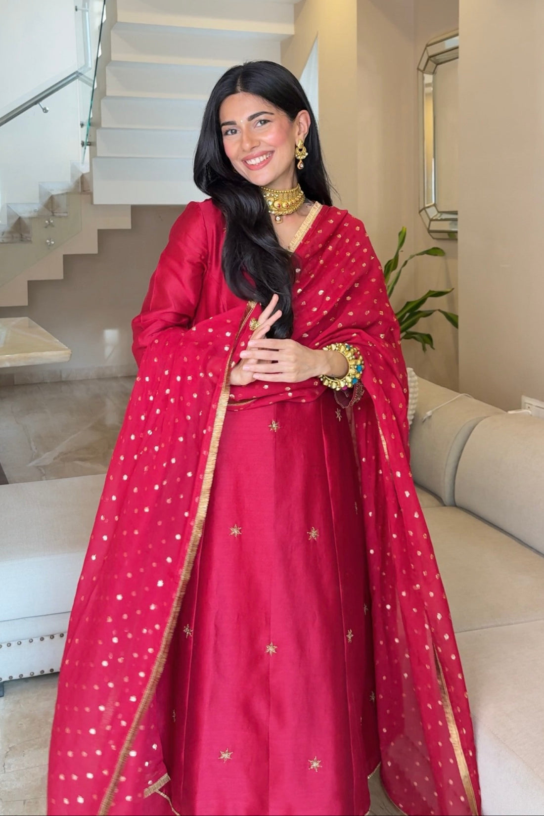 Noor-e-Gulabi Chanderi A Line Kurta Set With Zardozi & Mirror Work and Dupatta