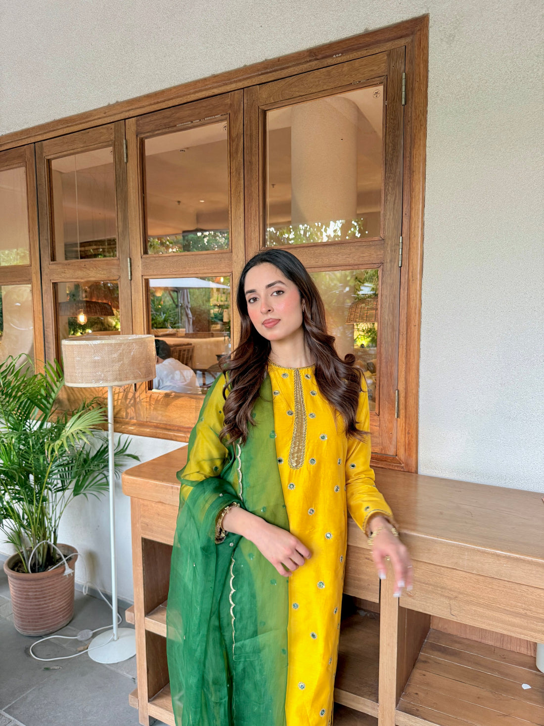 Noor-e-Basant Mirror Work Chanderi Silk Kurta Set with Pants and Scallop Organza Dupatta