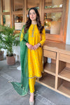 Noor-e-Basant Mirror Work Chanderi Silk Kurta Set with Pants and Scallop Organza Dupatta