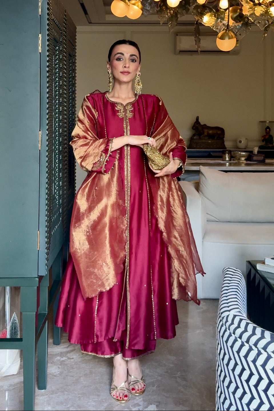 Lalima Chanderi Silk Kalidaar Kurta Set with Zardozi Embroidery, Embroidered Palazzo and Scallop Dupatta