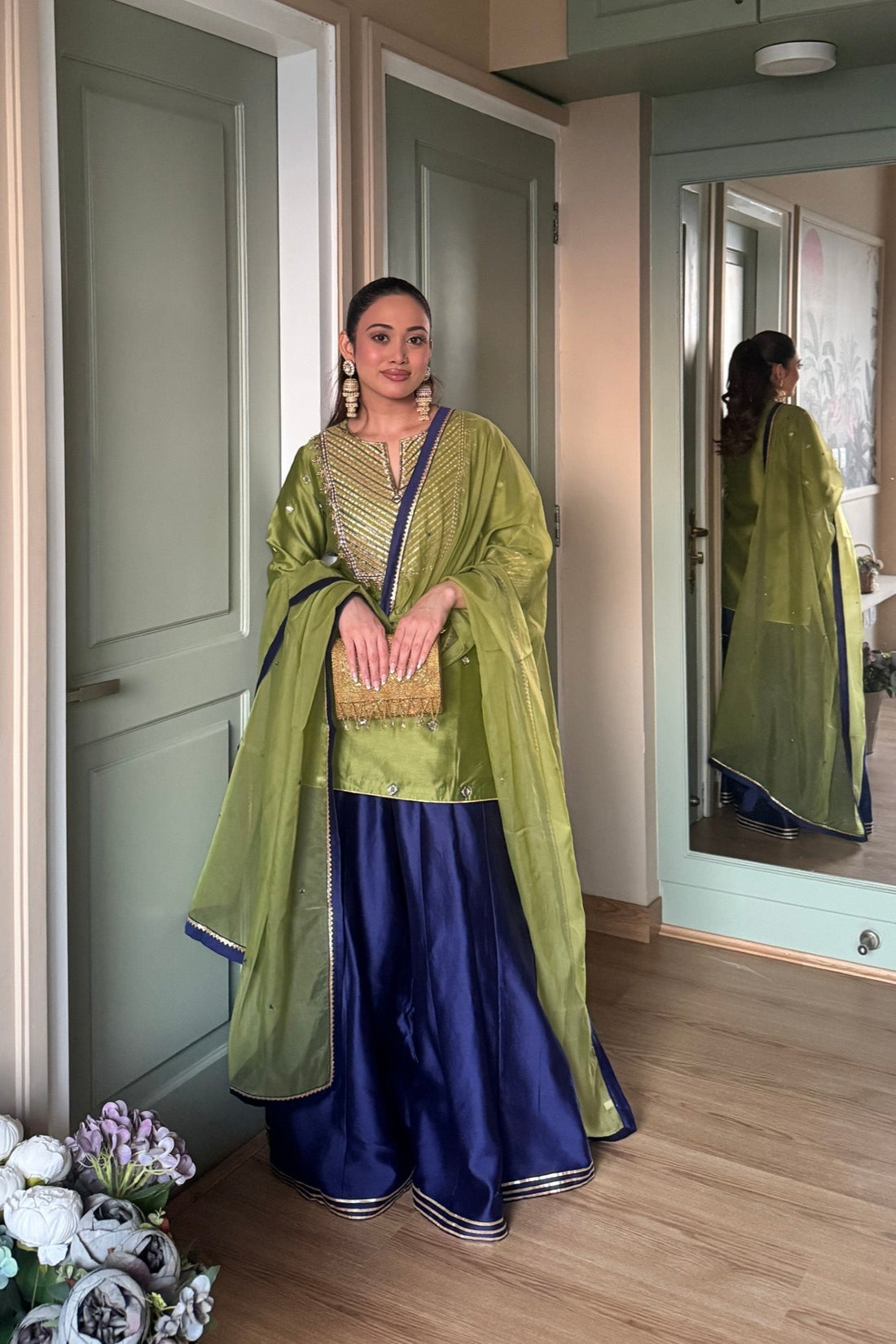 Mehrunissa Chanderi Silk Sharara Set with Zardozi and Gota Work