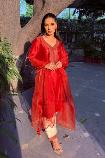 Laali Mirror Work Chanderi Silk A-Line Kurta Set with Ivory Salwar and Organza Dupatta