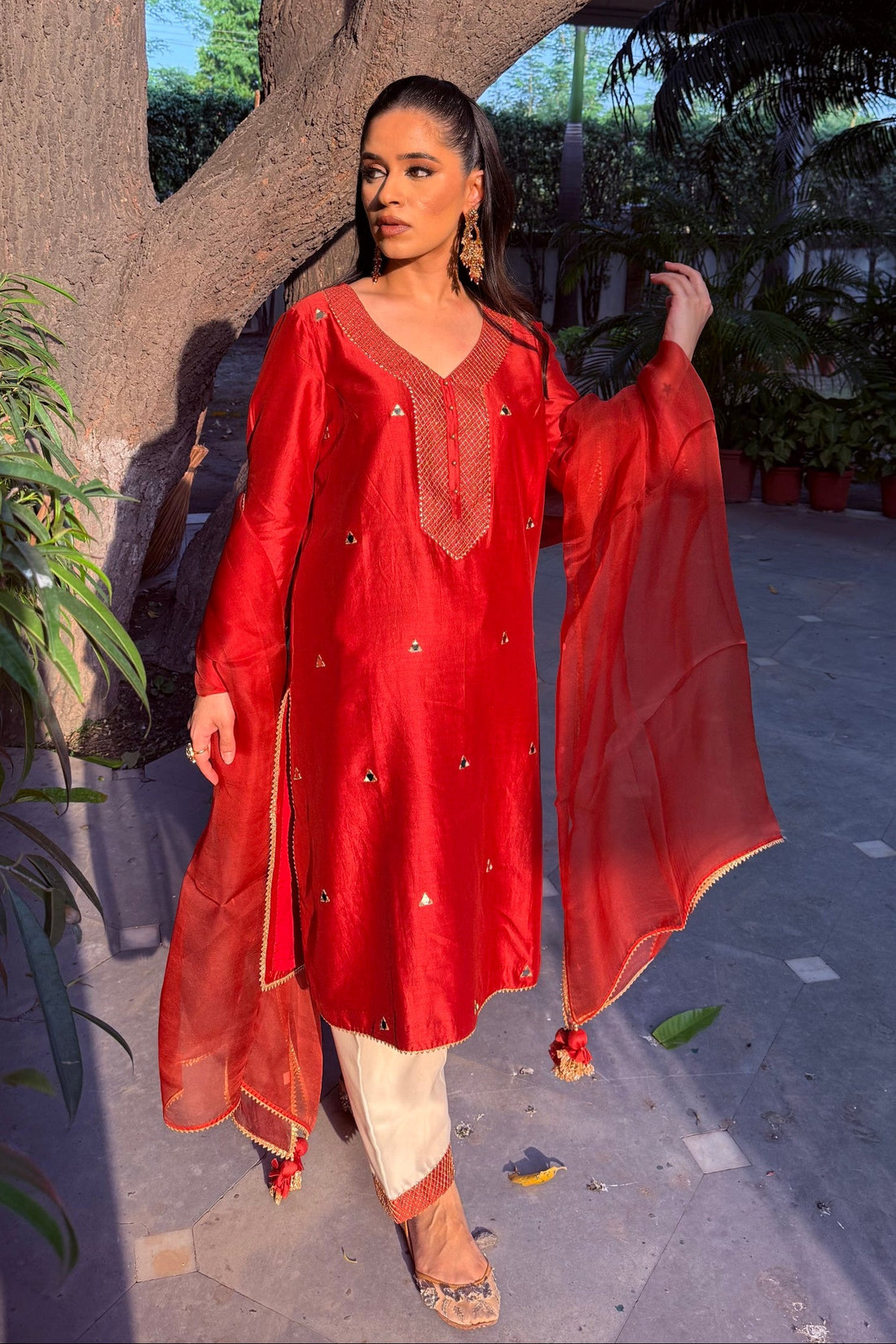 Laali Mirror Work Chanderi Silk A-Line Kurta Set with Ivory Salwar and Organza Dupatta