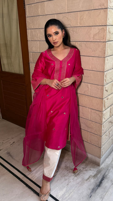 Gulmohar Mirror Work Chanderi Silk A-Line Kurta Set with Ivory Salwar and Organza Dupatta