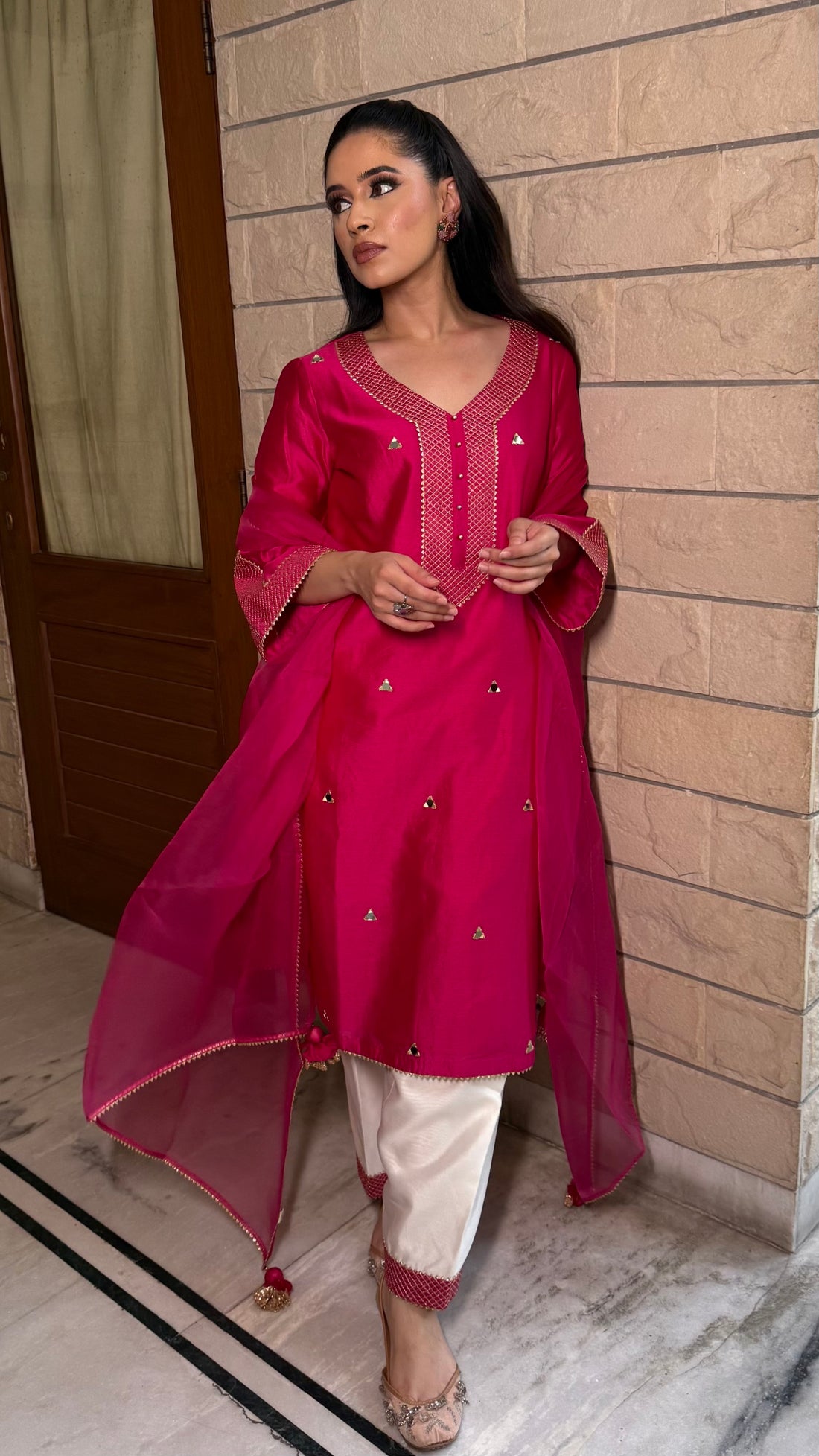 Gulmohar Mirror Work Chanderi Silk A-Line Kurta Set with Ivory Salwar and Organza Dupatta