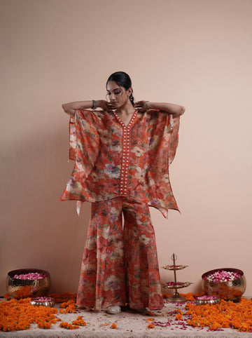 Orange Gulistaan Kaftan With Kalidaar Palazzo & Pearl Embroidery