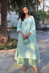 Ziya Mint Chanderi Silk Kurta Set with Ikkat Chanderi Palazzo and Kota Doria Dupatta