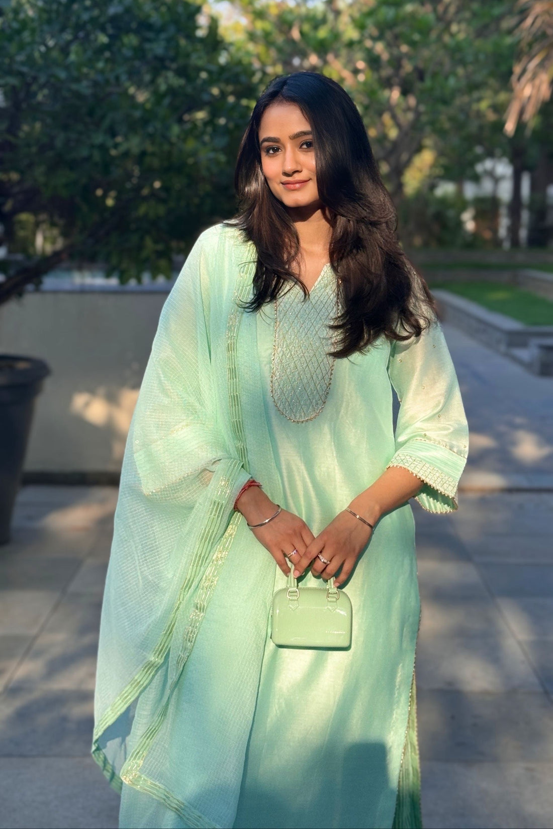 Ziya Mint Chanderi Silk Kurta Set with Ikkat Chanderi Palazzo and Kota Doria Dupatta