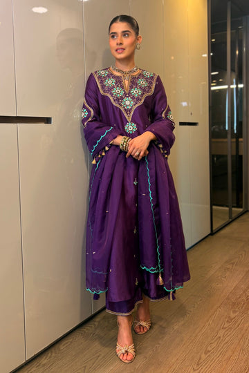 Yamini Chanderi Silk Kalidaar Kurta Set with Zardozi and Mirror Embroidery, Embroidered Palazzo and Scallop Dupatta