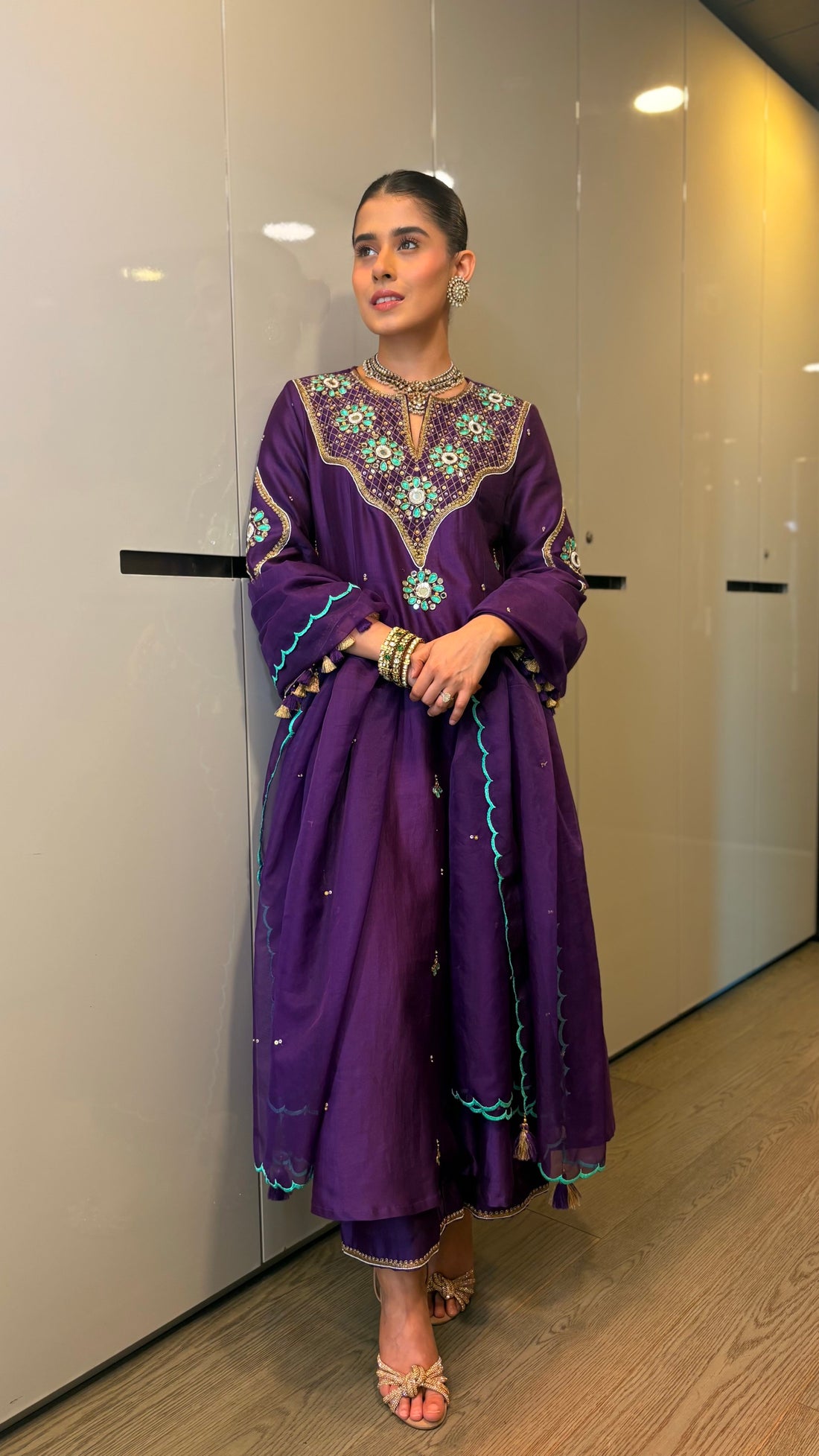 Yamini Chanderi Silk Kalidaar Kurta Set with Zardozi and Mirror Embroidery, Embroidered Palazzo and Scallop Dupatta
