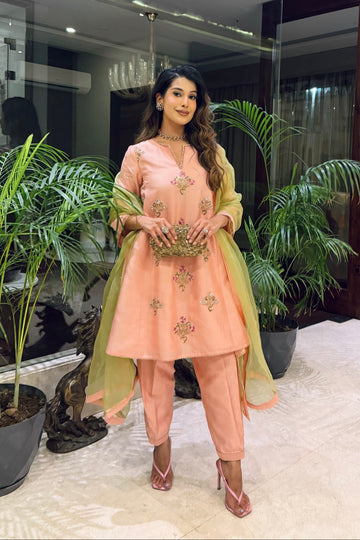 Pakeezah Chanderi Silk Zardozi and Resham Embroidery Choga with Salwar and Contrast Organza Dupatta
