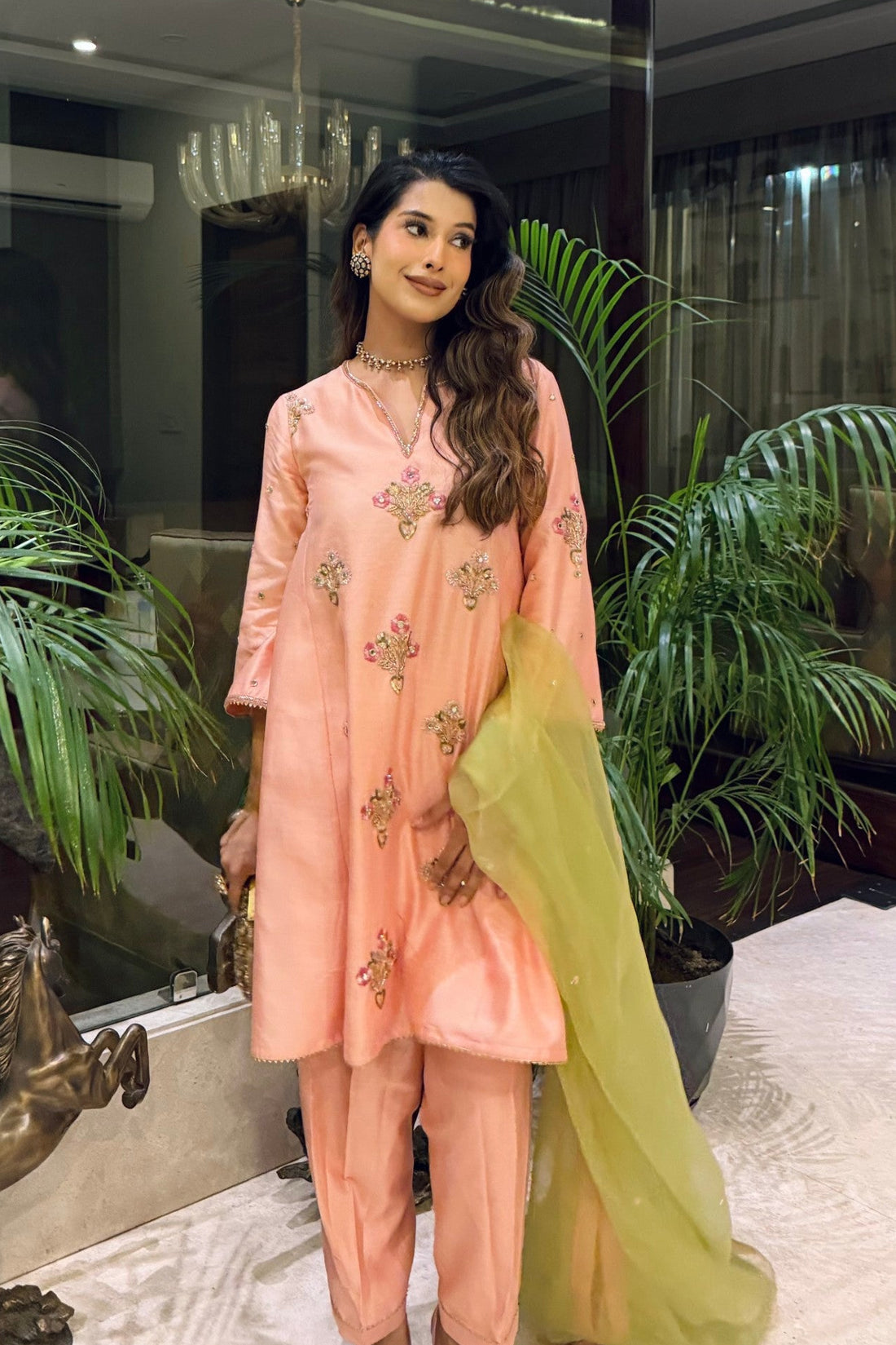 Pakeezah Chanderi Silk Zardozi and Resham Embroidery Choga with Salwar and Contrast Organza Dupatta
