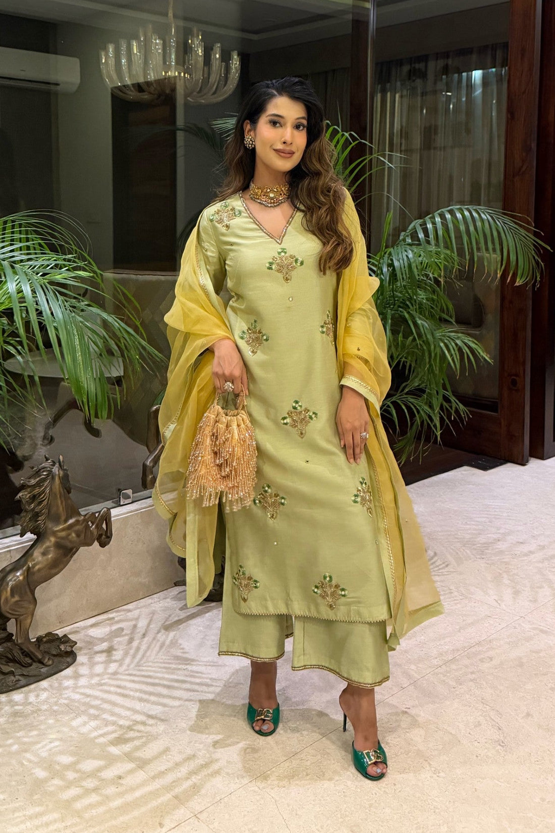 Zareen Chanderi Silk Straight Kurta Set with Zardozi and Resham Embroidery and Contrast Organza Dupatta