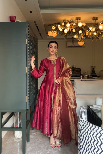 Lalima Chanderi Silk Kalidaar Kurta Set with Zardozi Embroidery, Embroidered Palazzo and Scallop Dupatta