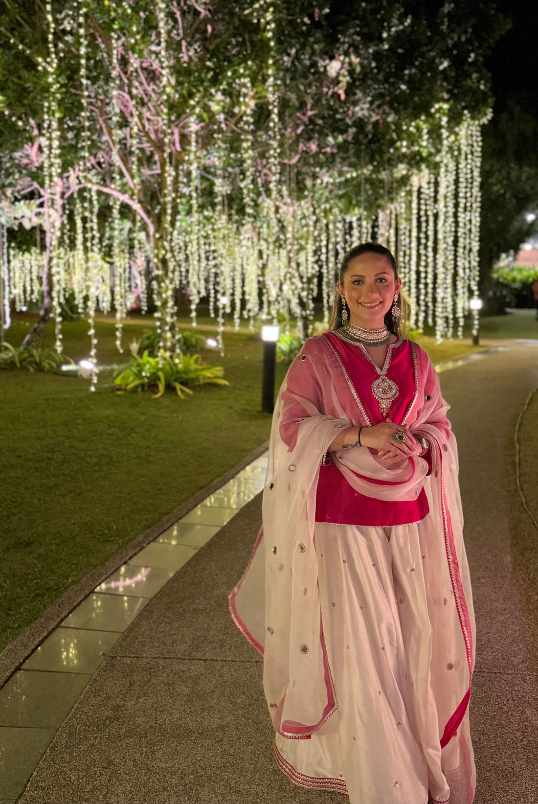 Naazneen Chanderi Silk Gulabi and Ivory Sharara Set with Zardozi Embroidery and Mirror Work Organza Dupatta