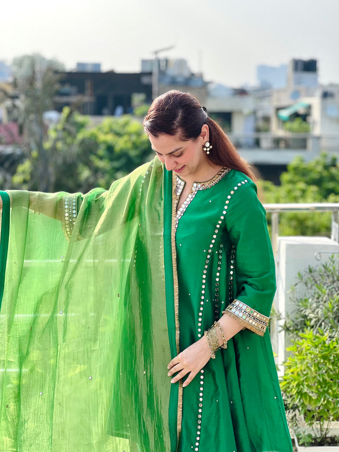 Harita Chanderi Silk Choga Set with Mirror Work and Tissue Dupatta
